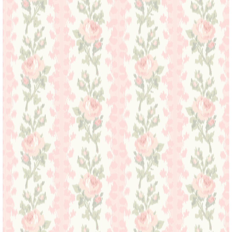 Blooming Heirloom Marie Pink Rose Stripe Wallpaper