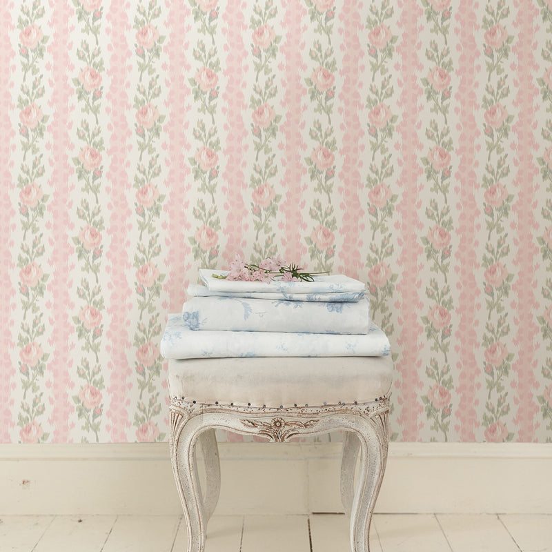 Blooming Heirloom Marie Pink Rose Stripe Wallpaper