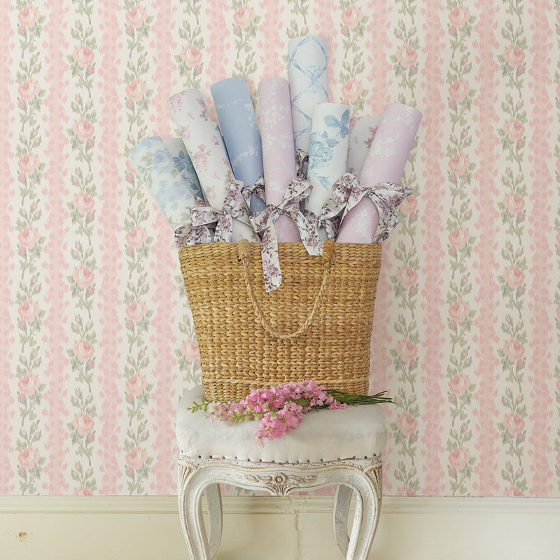 Blooming Heirloom Marie Pink Rose Stripe Wallpaper