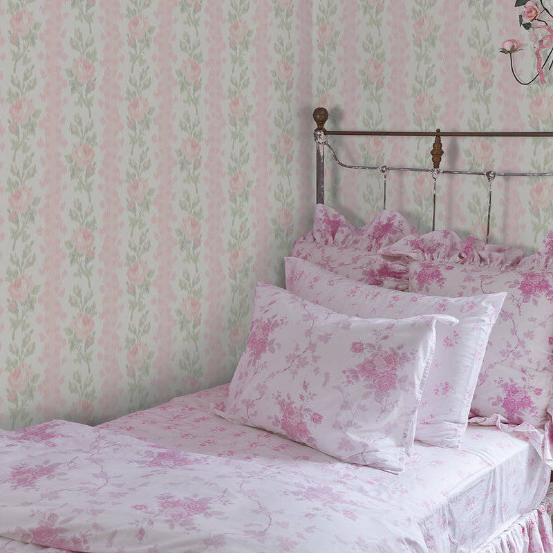 Blooming Heirloom Marie Pink Rose Stripe Wallpaper