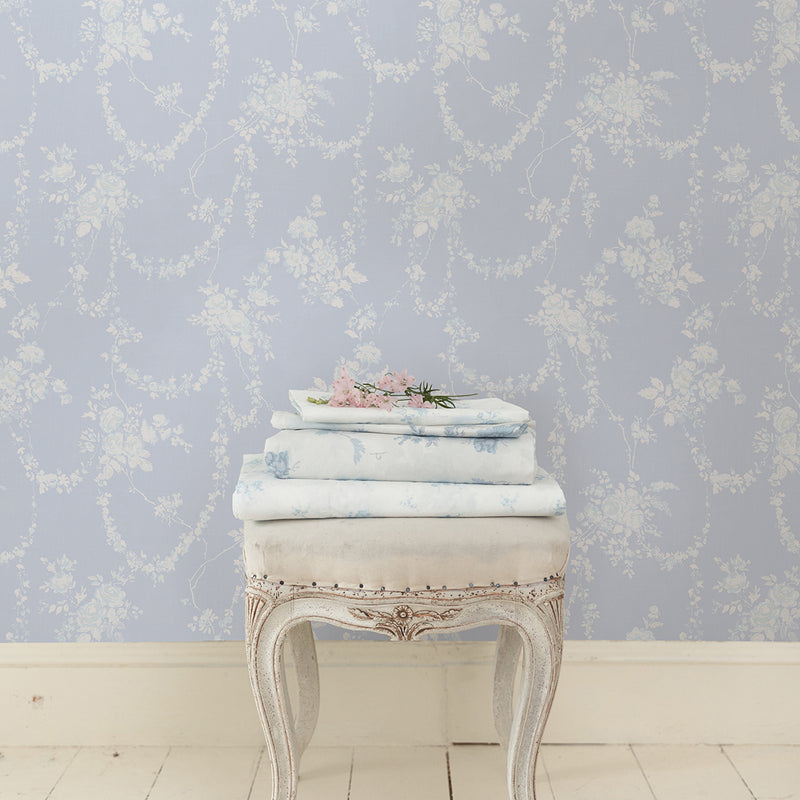 Chandelier Gates Sky Blue Floral Drape Wallpaper