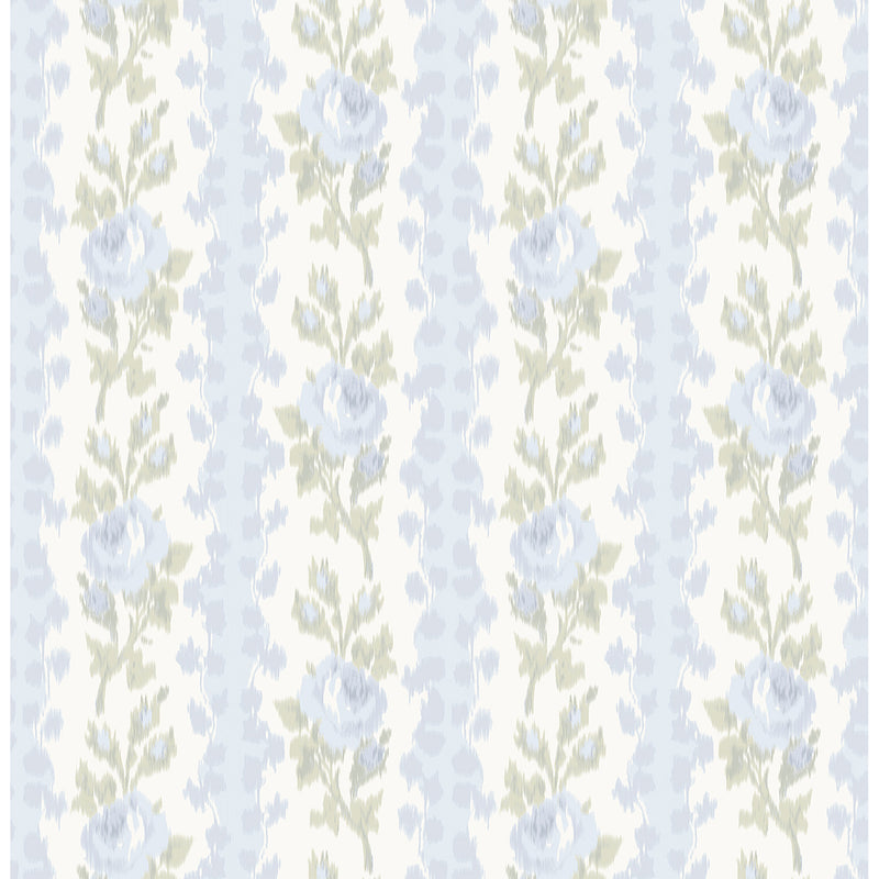 Blooming Heirloom Light Blue Rose Stripe Wallpaper