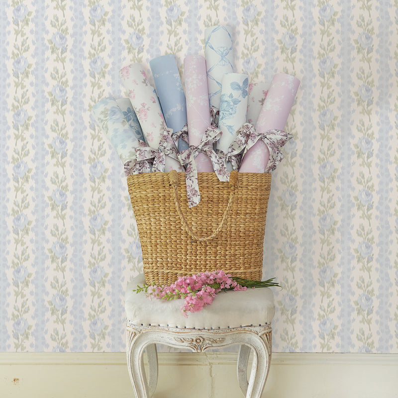 Blooming Heirloom Light Blue Rose Stripe Wallpaper