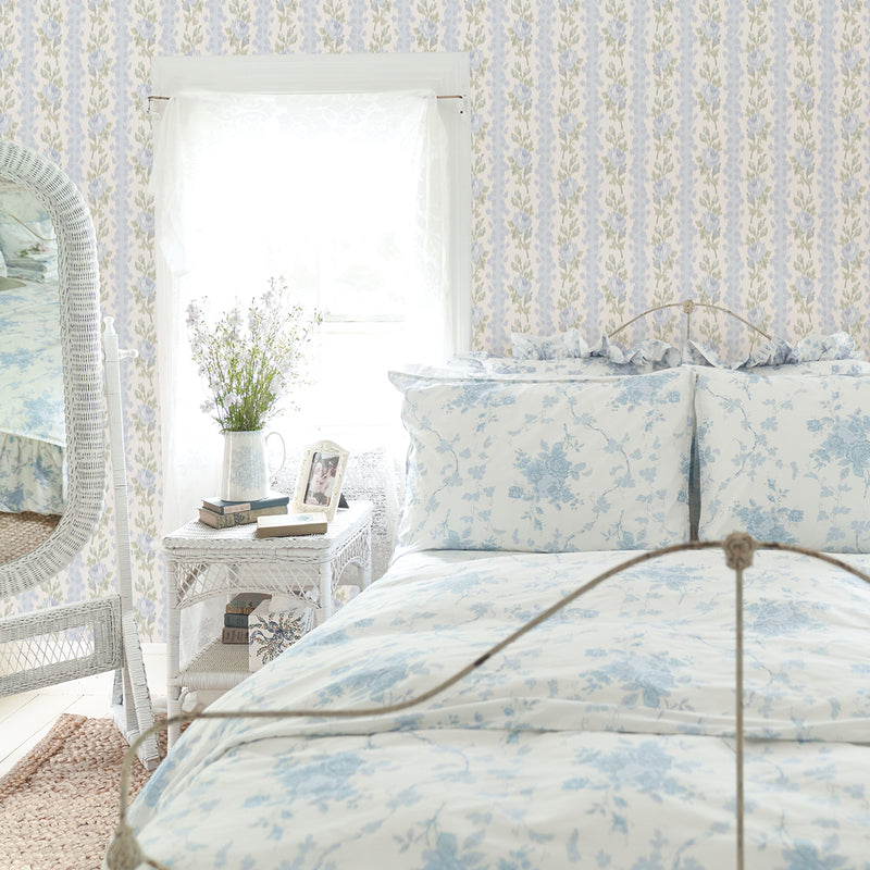 Blooming Heirloom Light Blue Rose Stripe Wallpaper