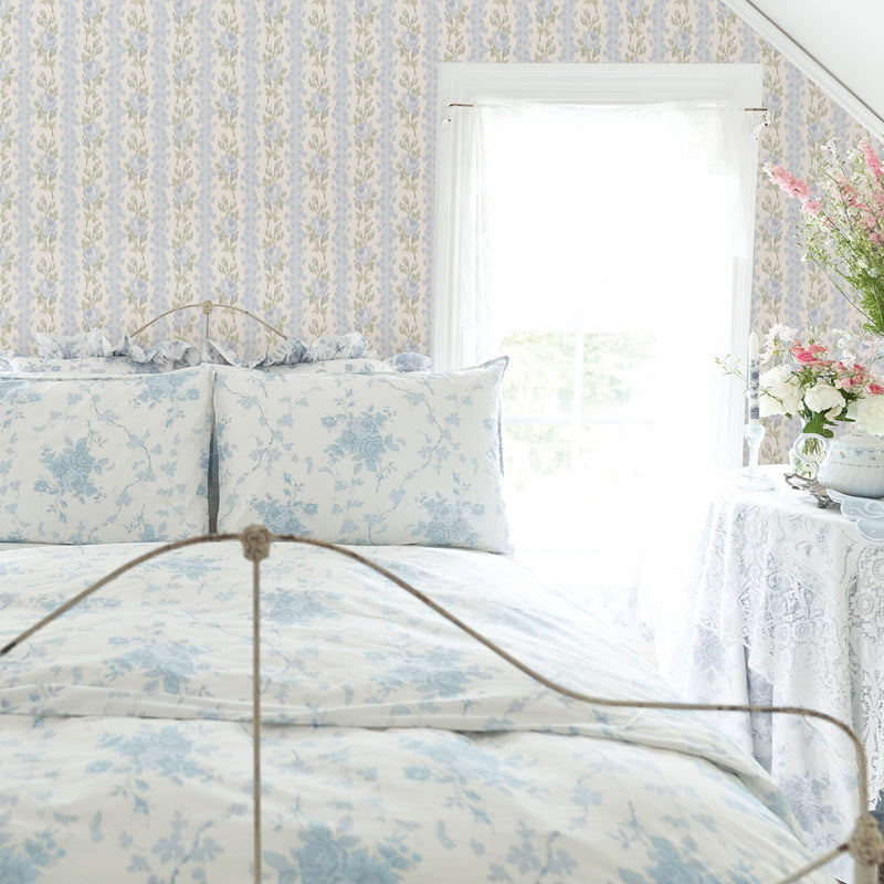 Blooming Heirloom Light Blue Rose Stripe Wallpaper