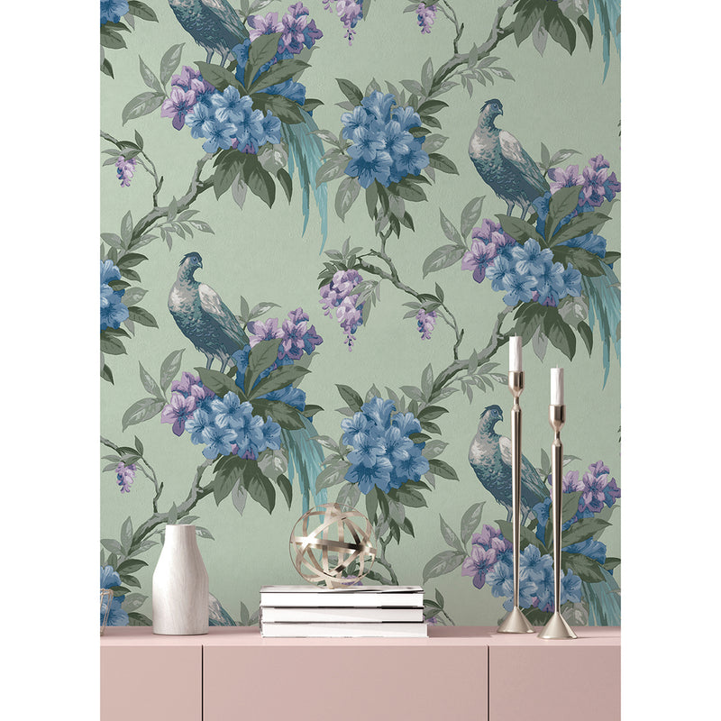 Golden Pheasant Sage Floral Wallpaper