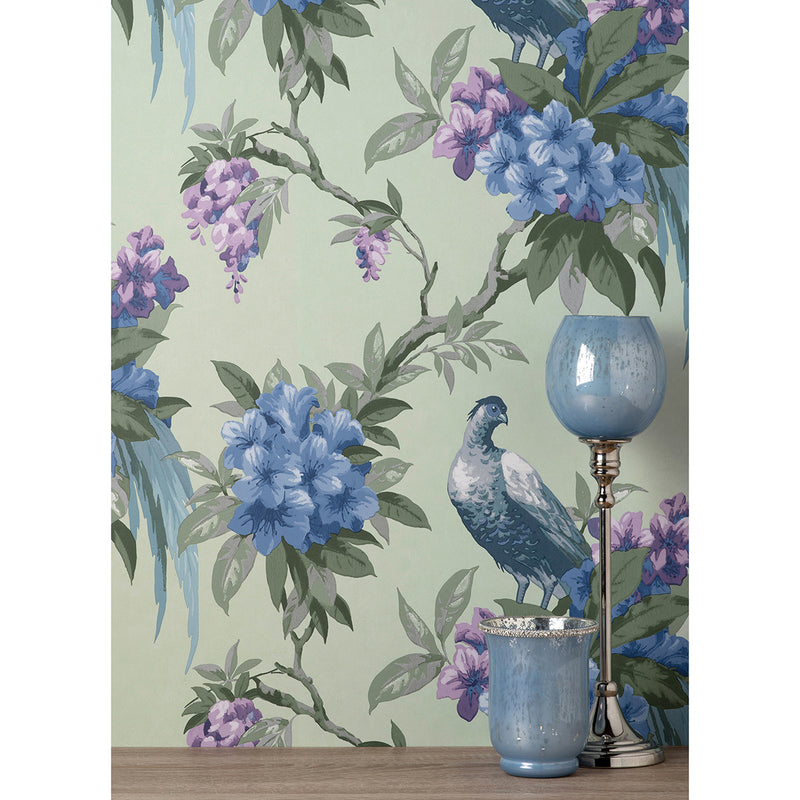 Golden Pheasant Sage Floral Wallpaper