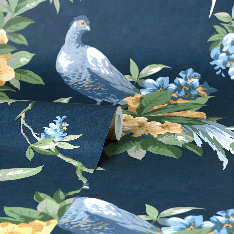 Golden Pheasant Dark Blue Floral Wallpaper