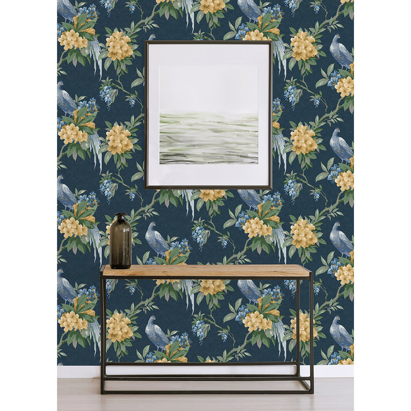 Golden Pheasant Dark Blue Floral Wallpaper