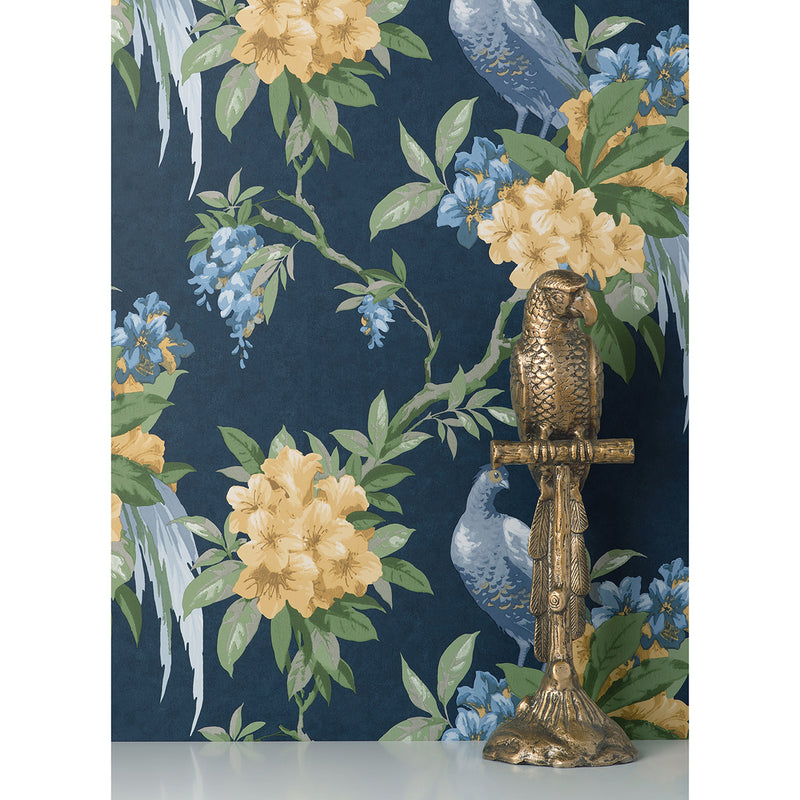 Golden Pheasant Dark Blue Floral Wallpaper