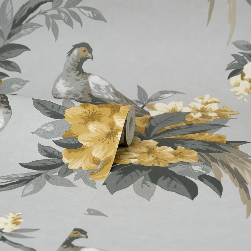 Golden Pheasant Grey Floral Wallpaper