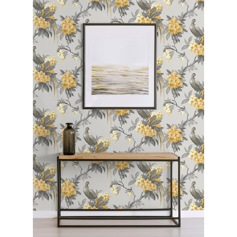 Golden Pheasant Grey Floral Wallpaper