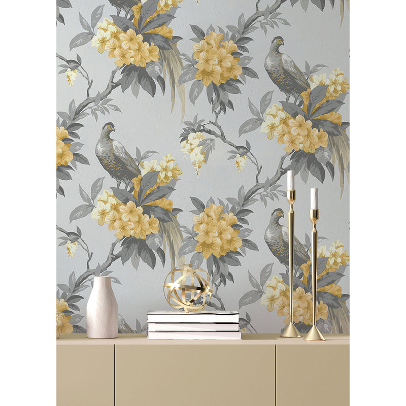 Golden Pheasant Grey Floral Wallpaper