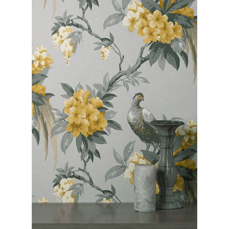 Golden Pheasant Grey Floral Wallpaper