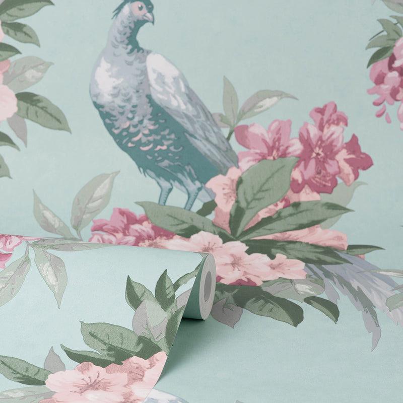 Golden Pheasant Aqua Floral Wallpaper