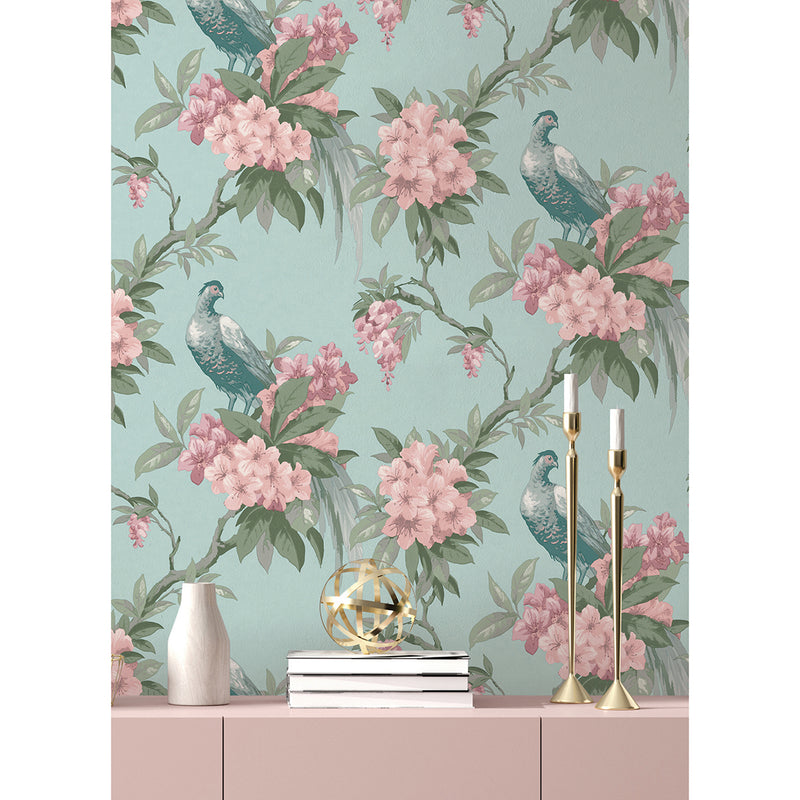 Golden Pheasant Aqua Floral Wallpaper