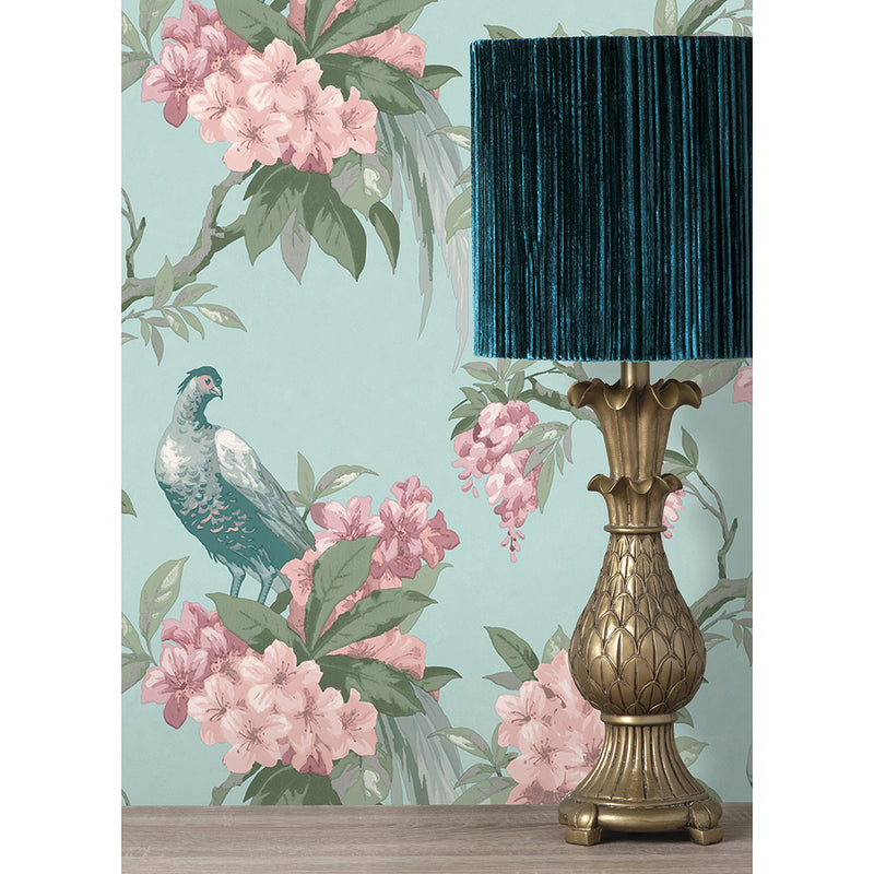 Golden Pheasant Aqua Floral Wallpaper