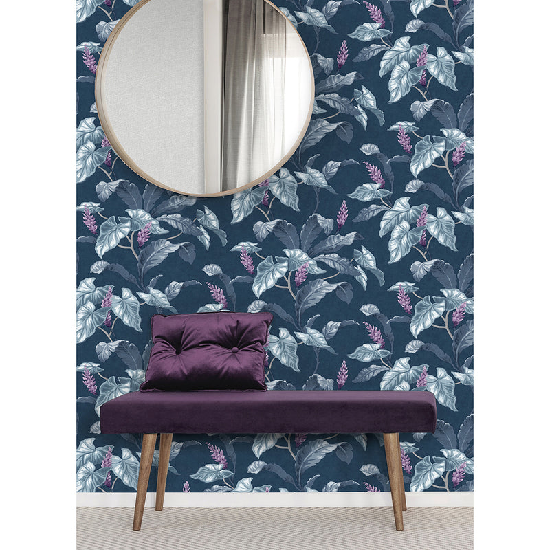 Meridian Parade Blue Tropical Leaves Wallpaper