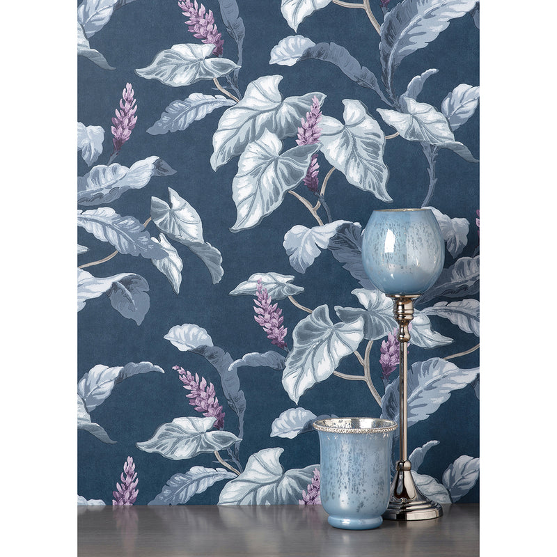 Meridian Parade Blue Tropical Leaves Wallpaper