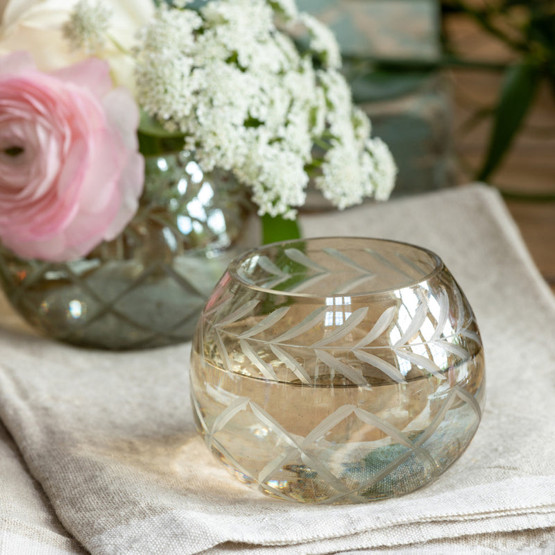 Smokey Glass Etched Round Votive